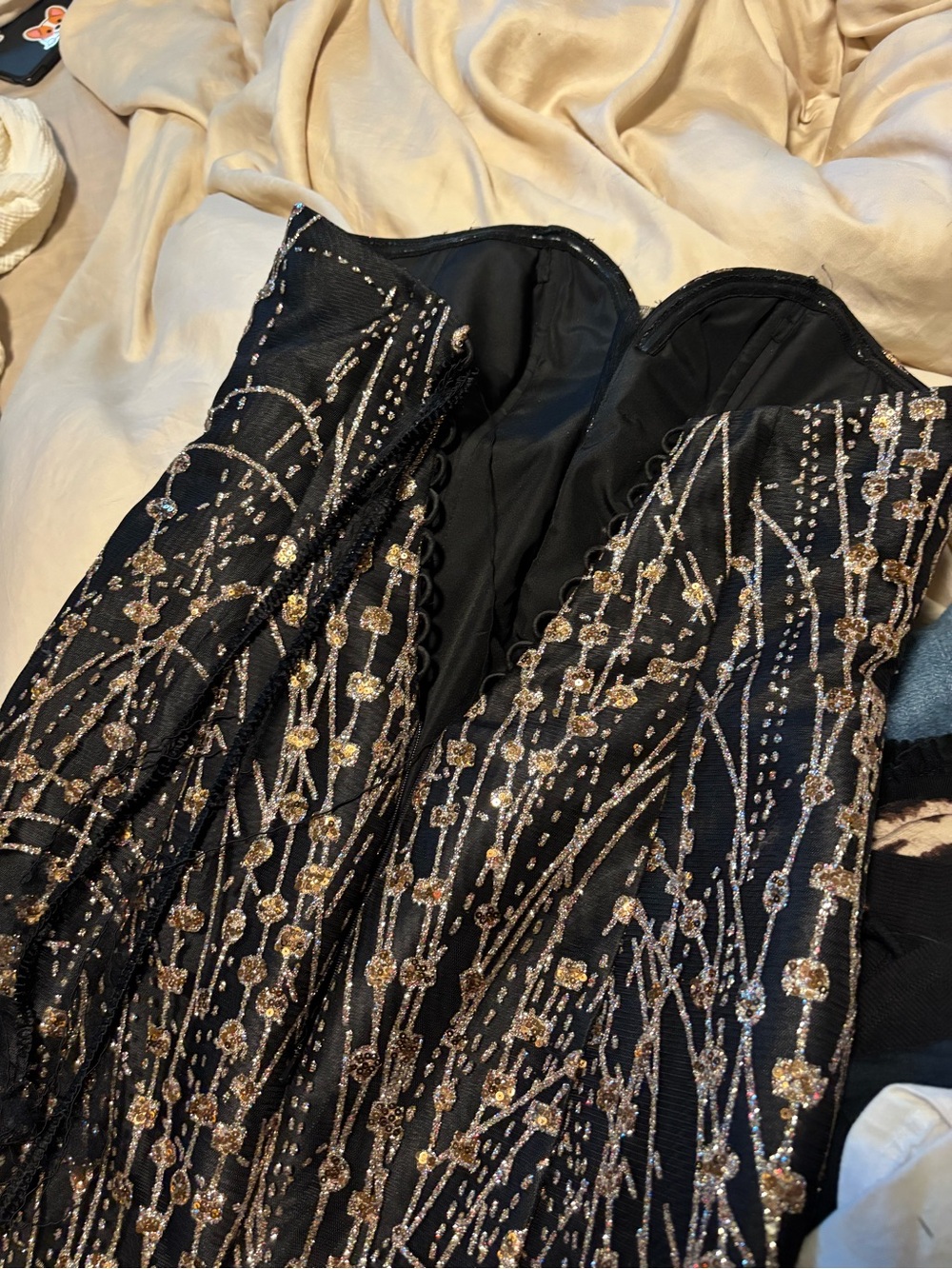 Clarisse Black Strapless Evening Gown with Gold & Silver Sequin Accents - Picture 4 of 7